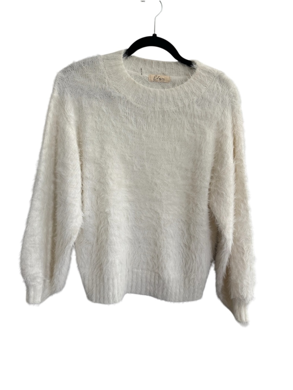 Elan fuzzy fluffy ivory crew neck balloon sleeve sweater eyelash knit small #NE